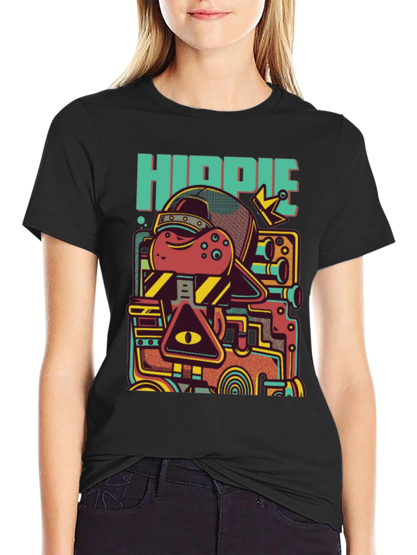 Black Hippie Robot Black Graphic T-Shirt view 2