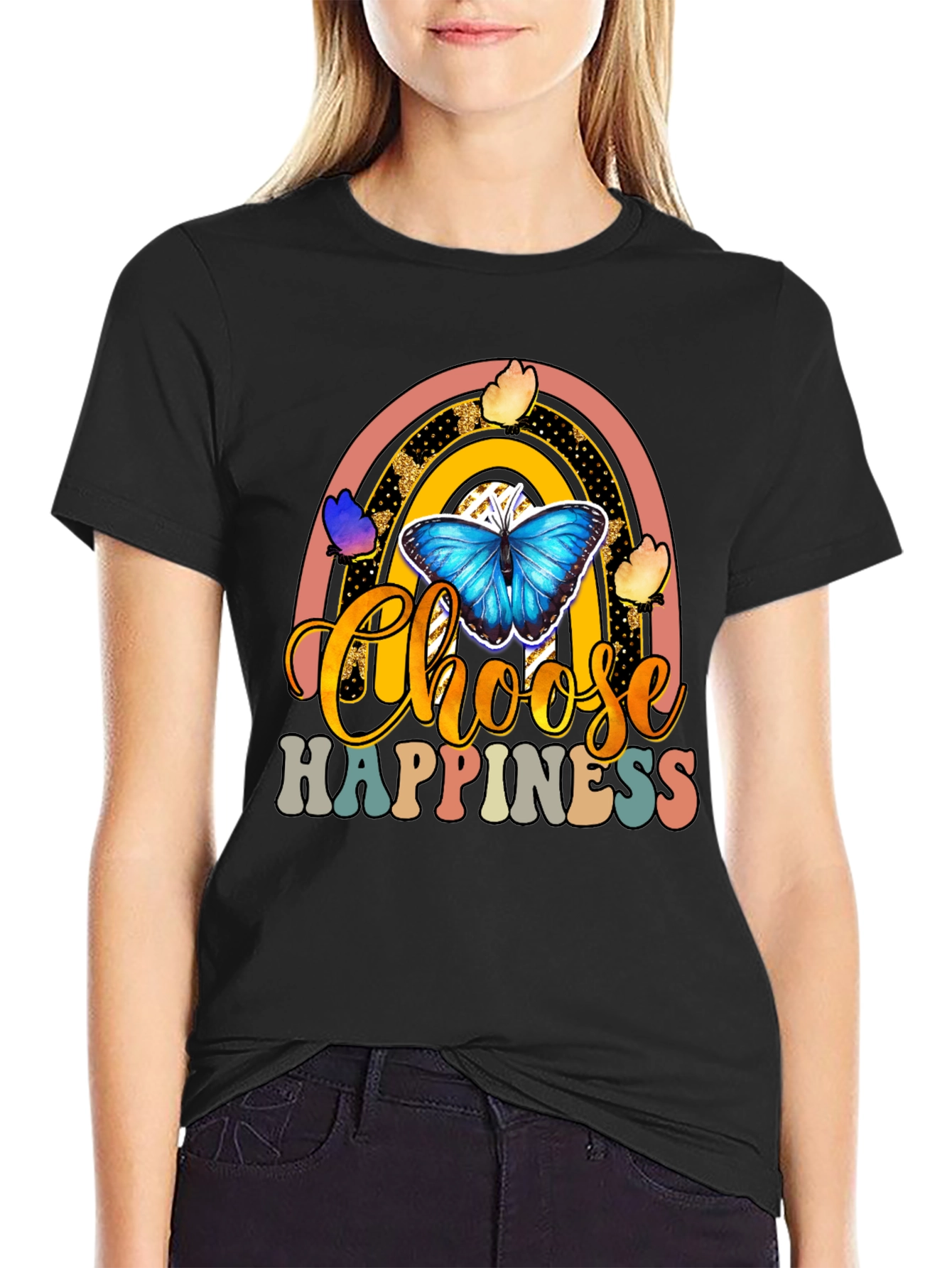 Black Choose Happiness T-Shirt - Butterfly Rainbow Design view 2