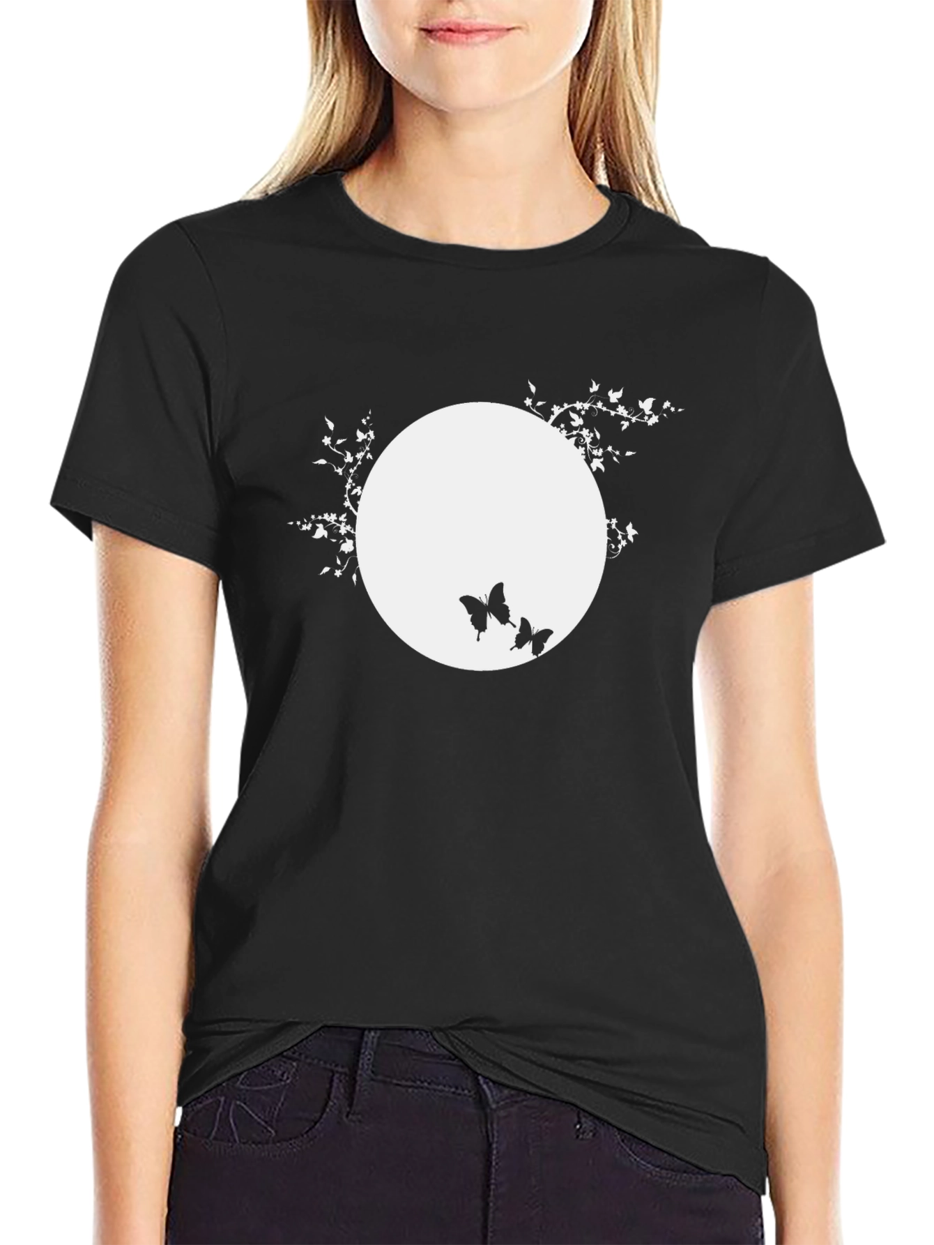 Black Black T-Shirt with Butterfly Moon Design view 2