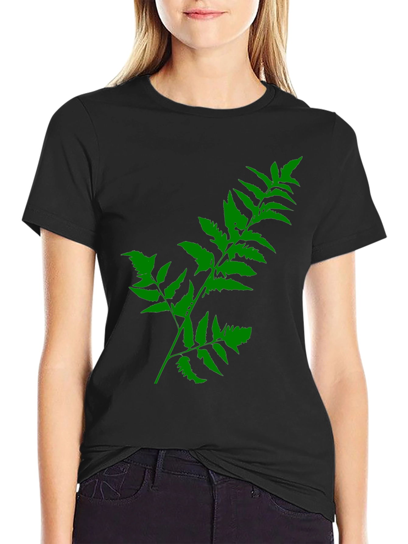 Black Green Fern Print Black T-Shirt view 2