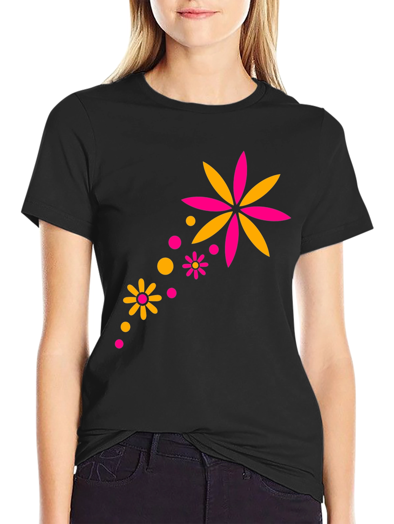 Black Floral Burst Black Tee - Trendy Graphic Print view 2