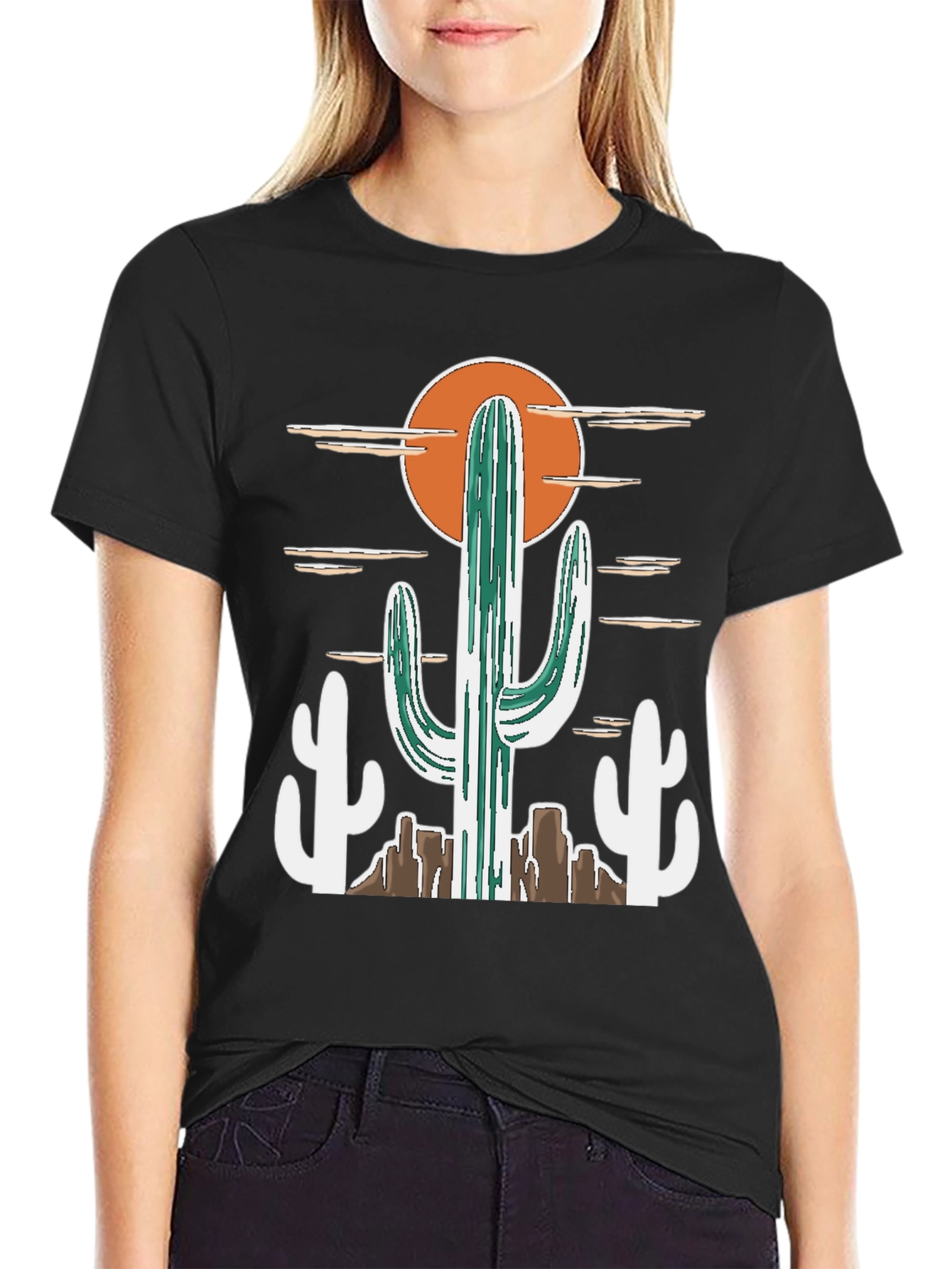 Black Desert Cactus Graphic Tee - Western Style Cotton T-Shirt view 2