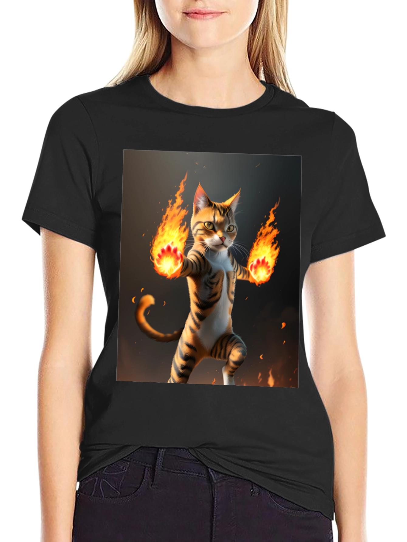 Black Fire Cat Graphic Tee - Black Cotton T-Shirt view 2