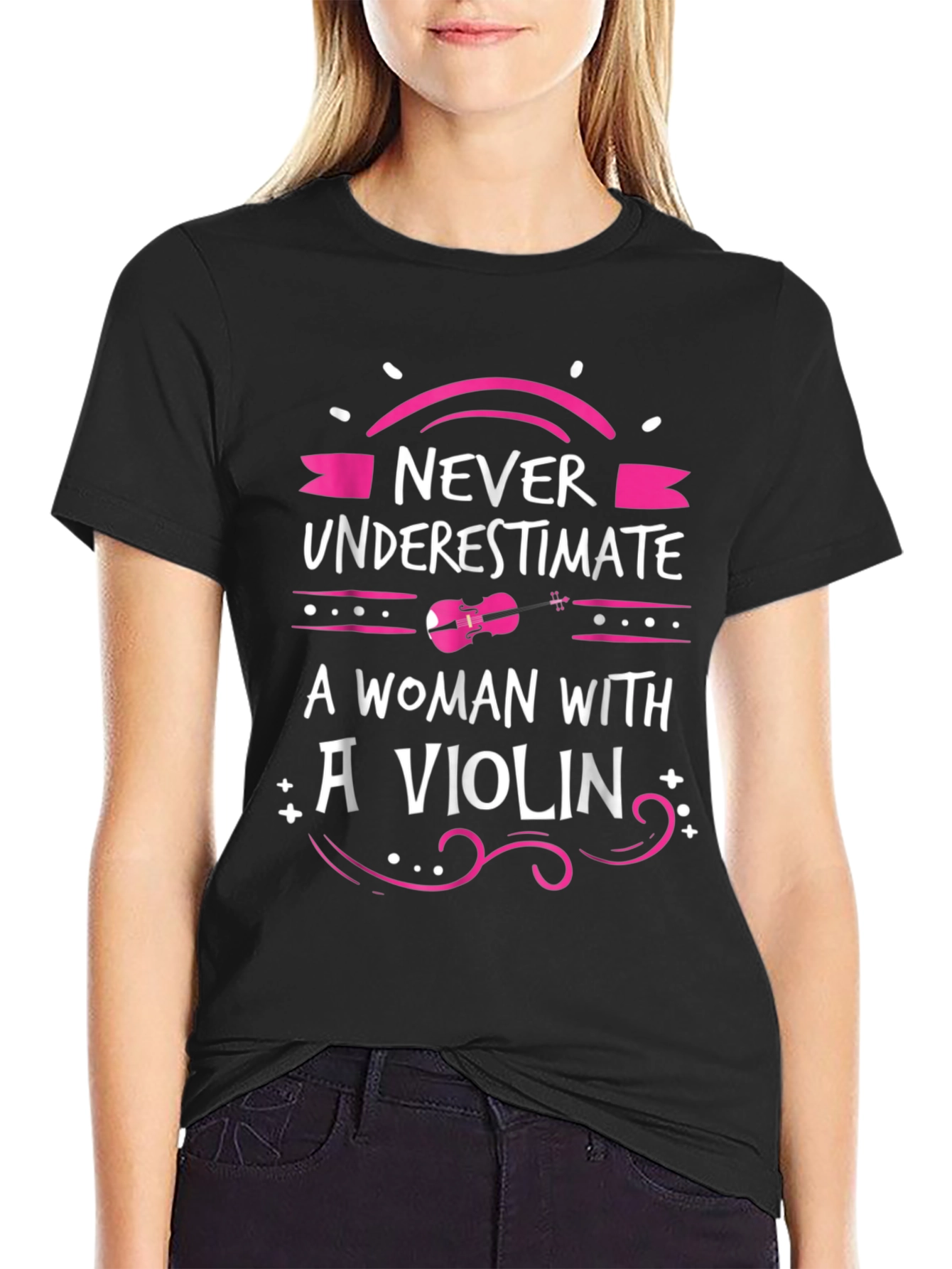 Black Never Underestimate A Woman With A Violin Graphic T-Shirt view 2