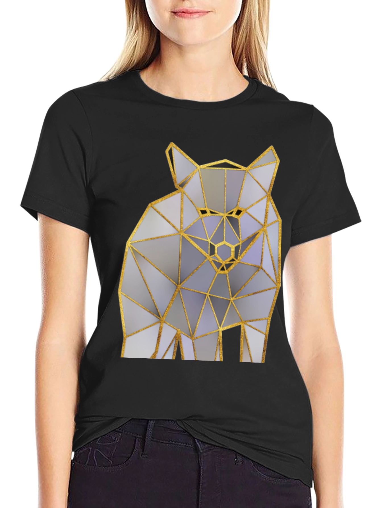 Black Geometric Wolf Graphic Tee - Modern Art Shirt view 2