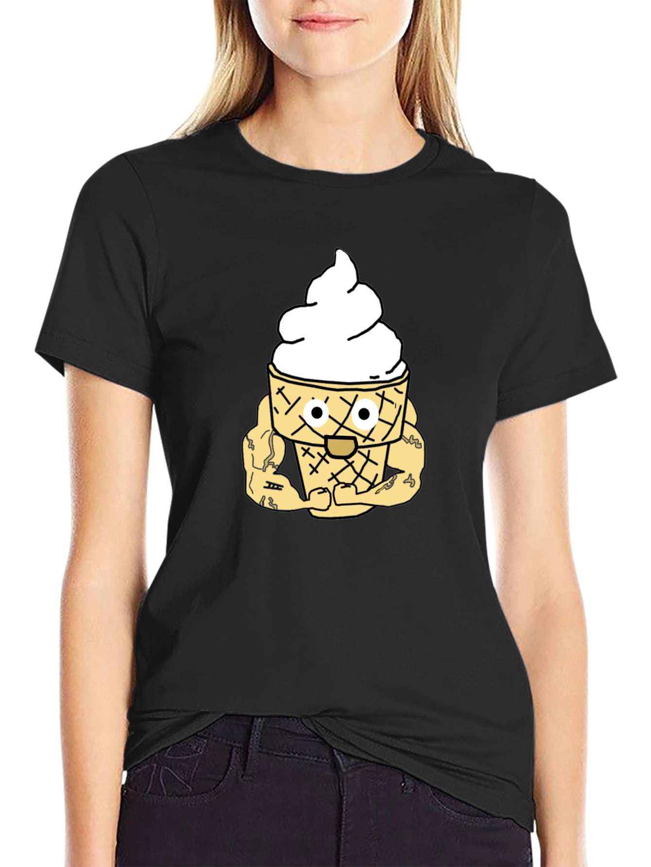 Black Ice Cream Cone Cartoon Graphic T-Shirt view 2