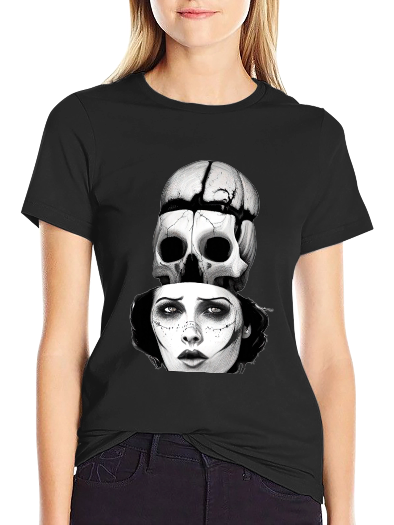 Black Skull & Woman Graphic T-Shirt - Gothic Style view 2