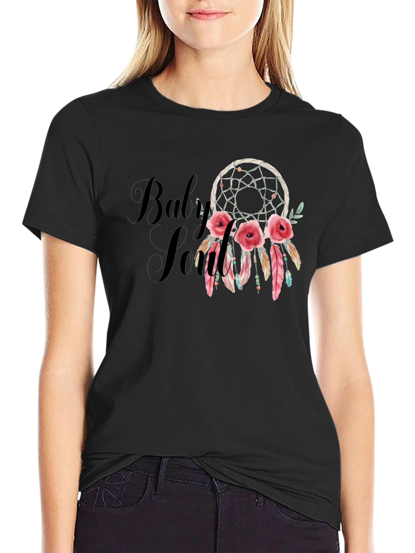 Black Dream Catcher Roses Black T-Shirt view 2