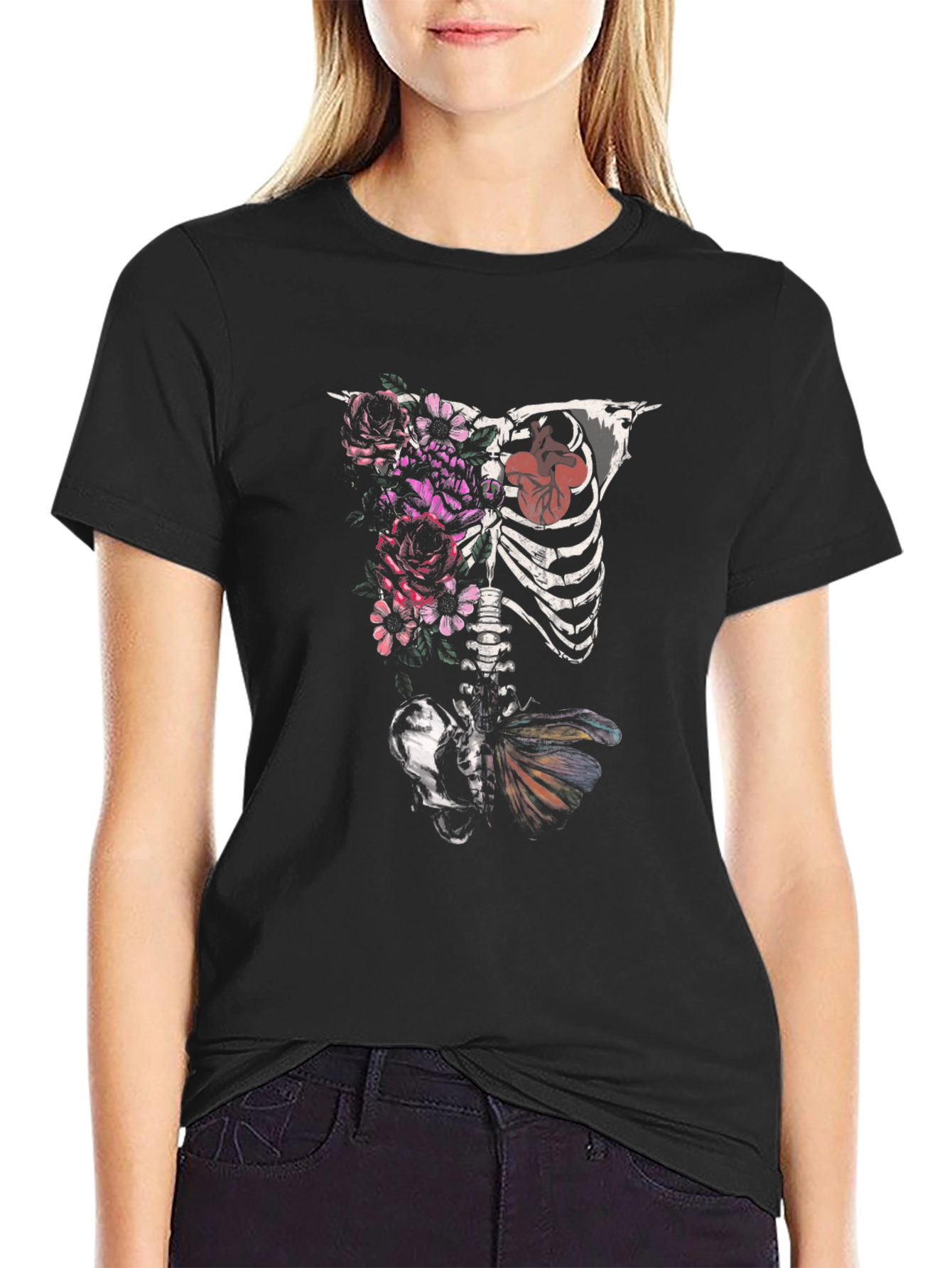 Black Floral Skeleton Graphic T-Shirt - Unique Design Tee view 2