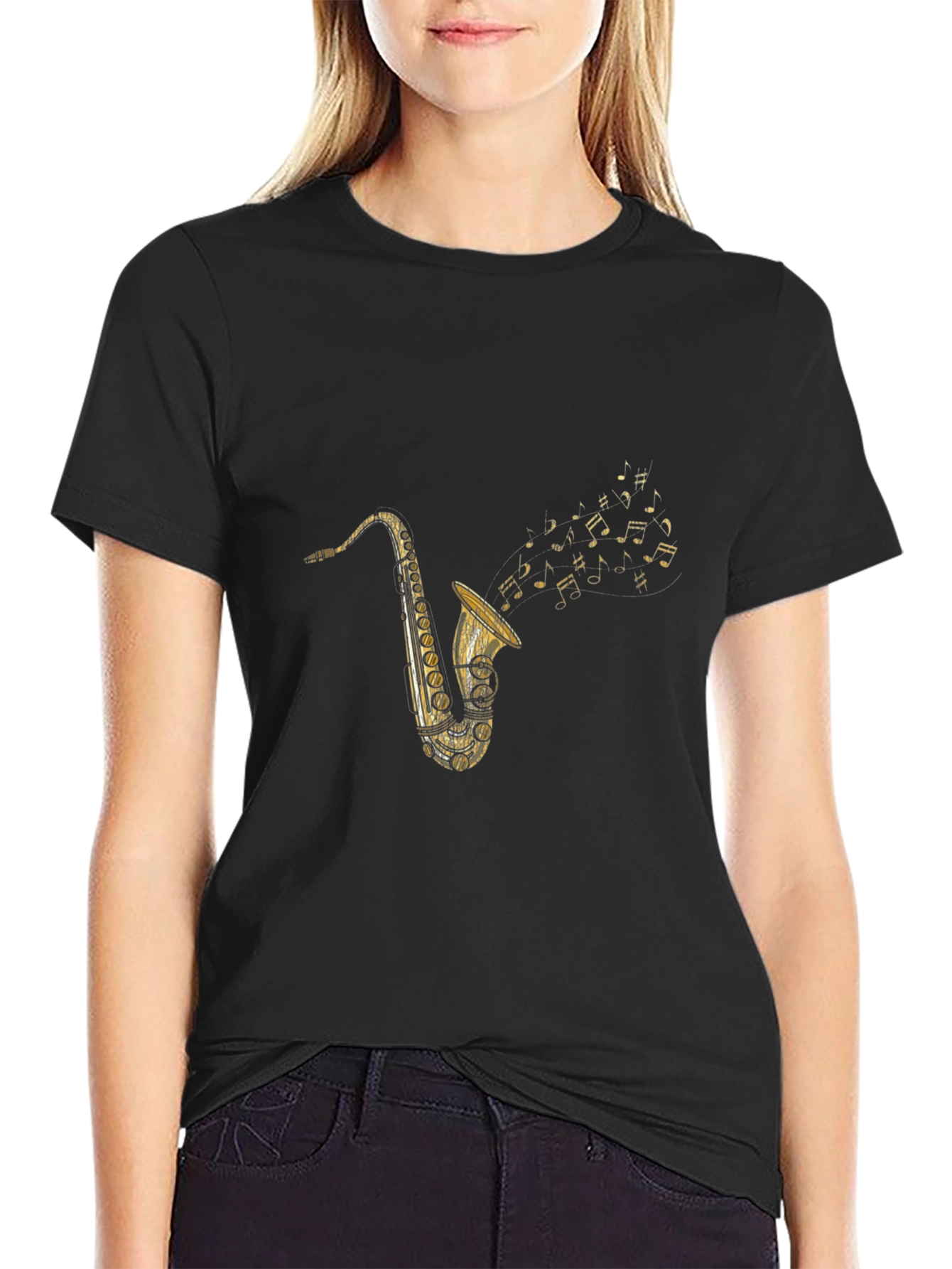 Black Saxophone Music T-Shirt - Classic Style view 2