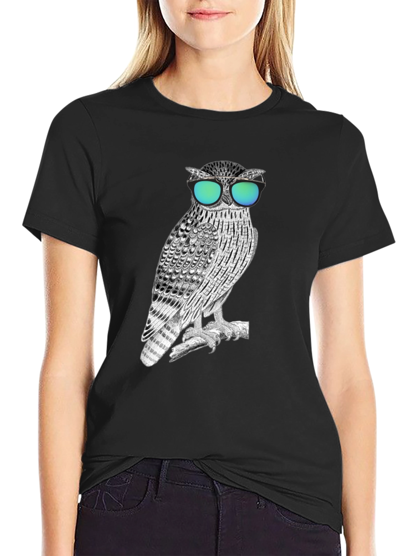 Black Cool Owl Graphic Tee - Black Cotton Blend view 2