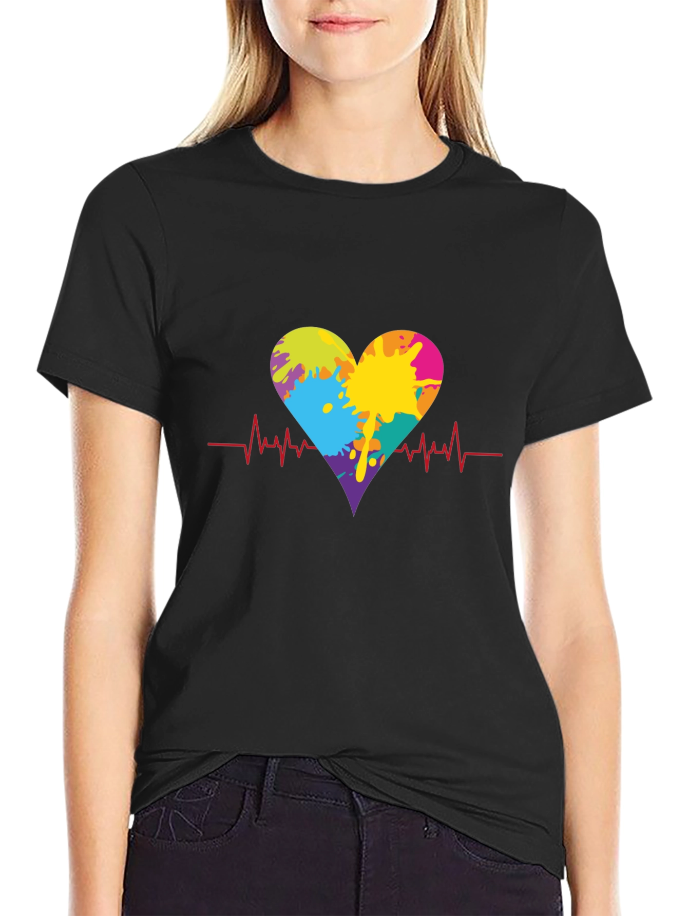 Black Heartbeat Paint Splatter Graphic Tee - Black view 2