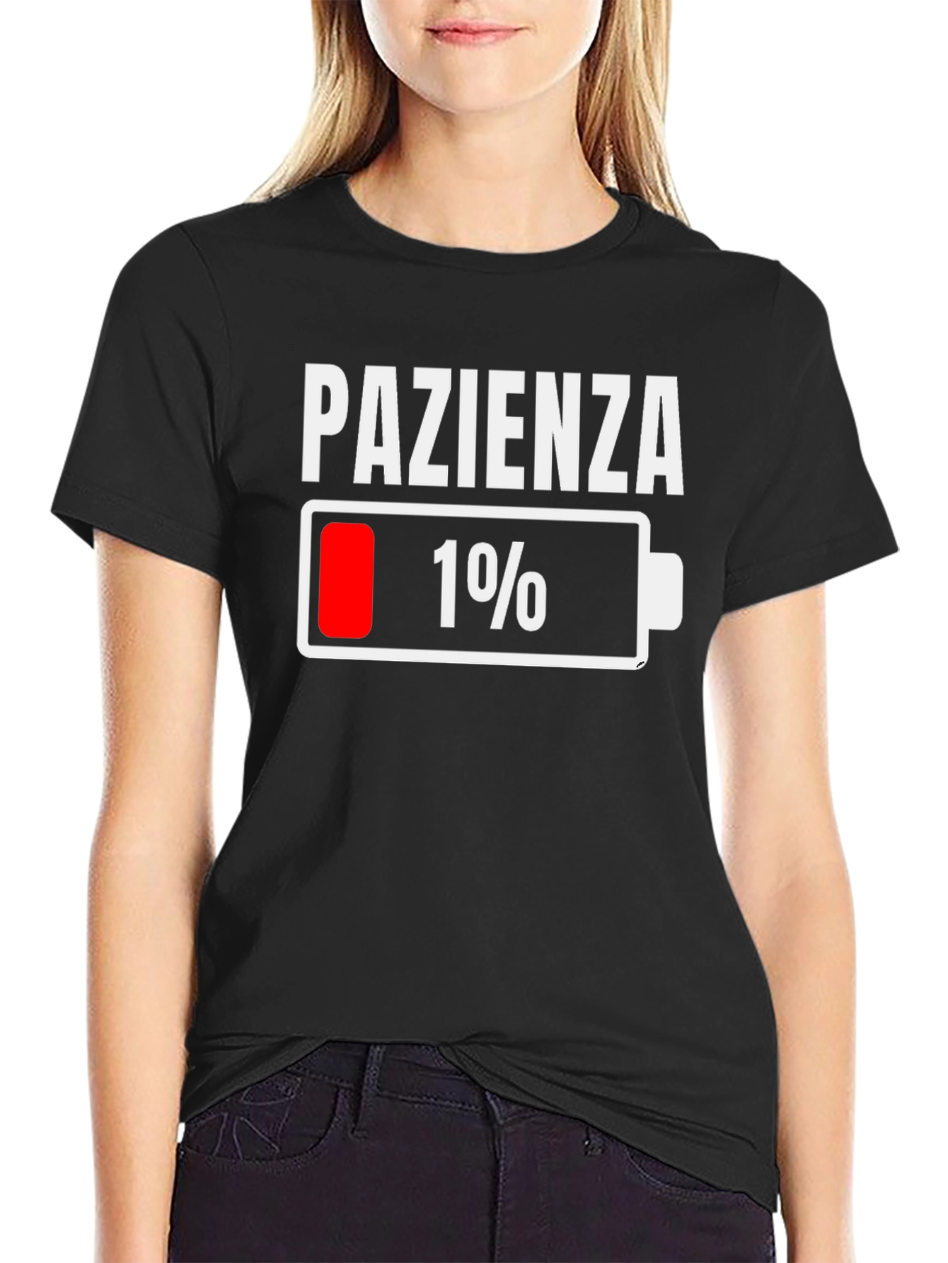 Black Pazienza Low Battery Funny Graphic T-Shirt view 2