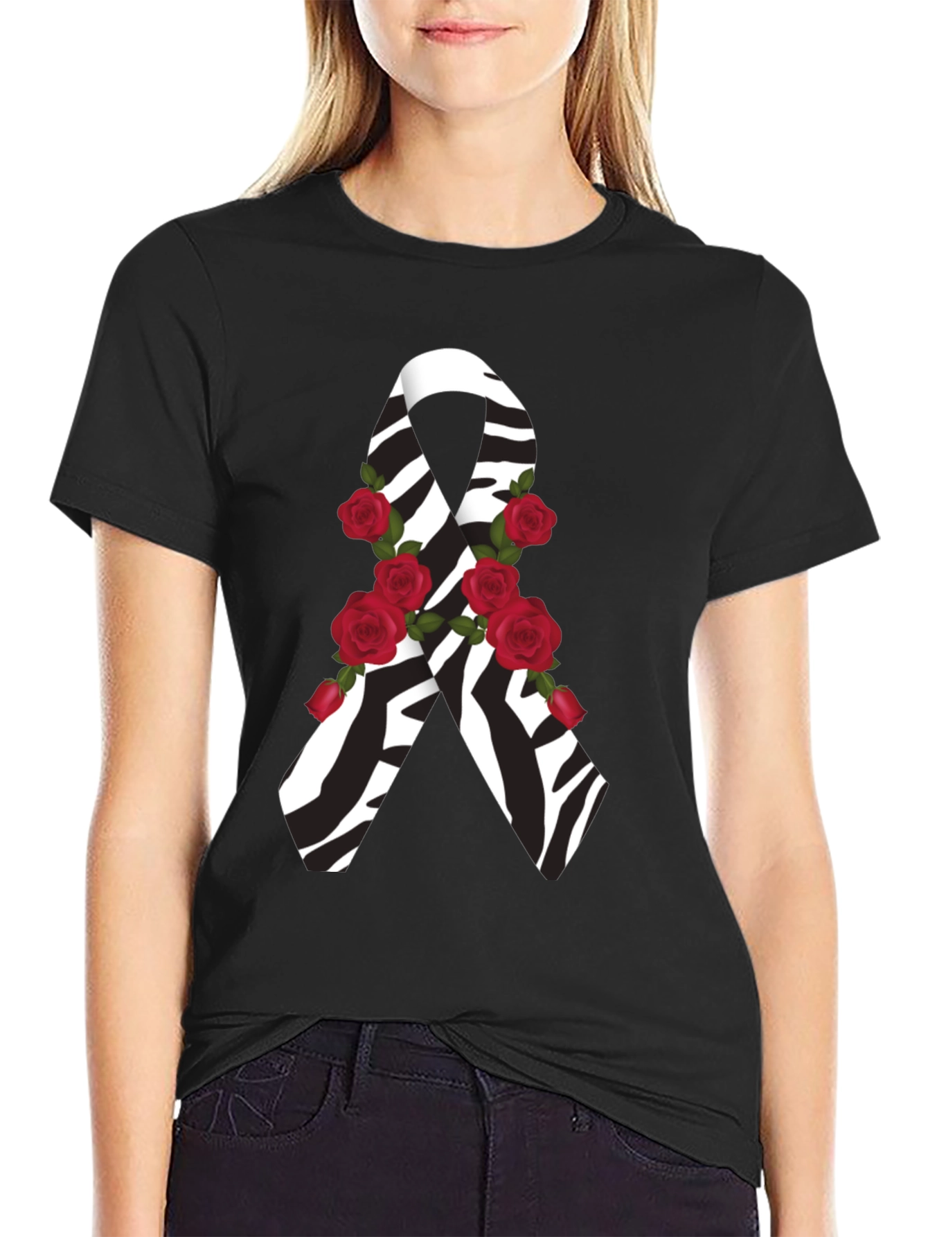Black Zebra Stripe Awareness Ribbon Rose Graphic Tee view 2