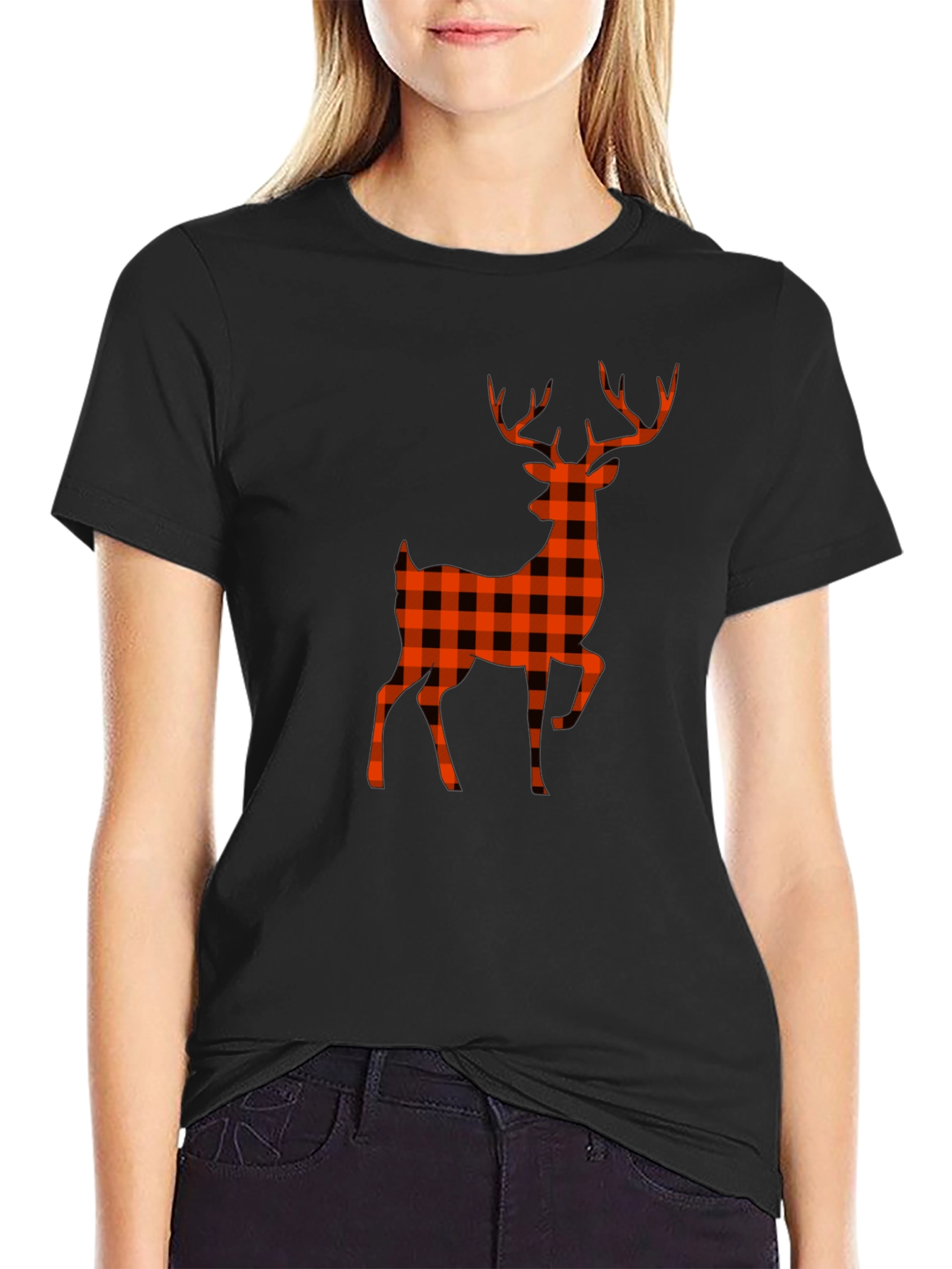 Black Buffalo Plaid Deer Graphic Tee - Black view 2