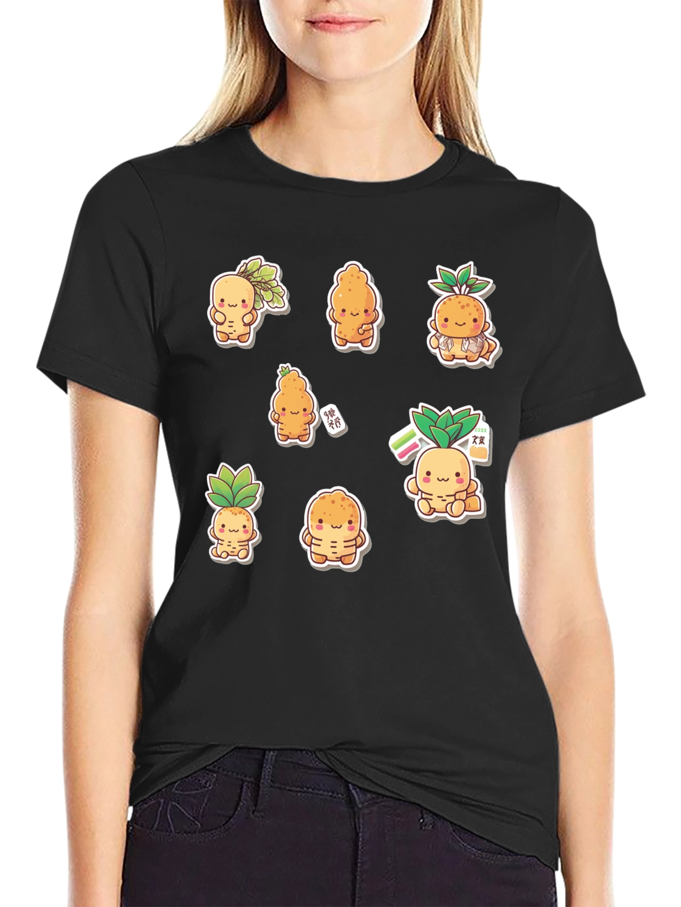 Black Cute Cartoon Root Vegetable Graphic T-Shirt view 2