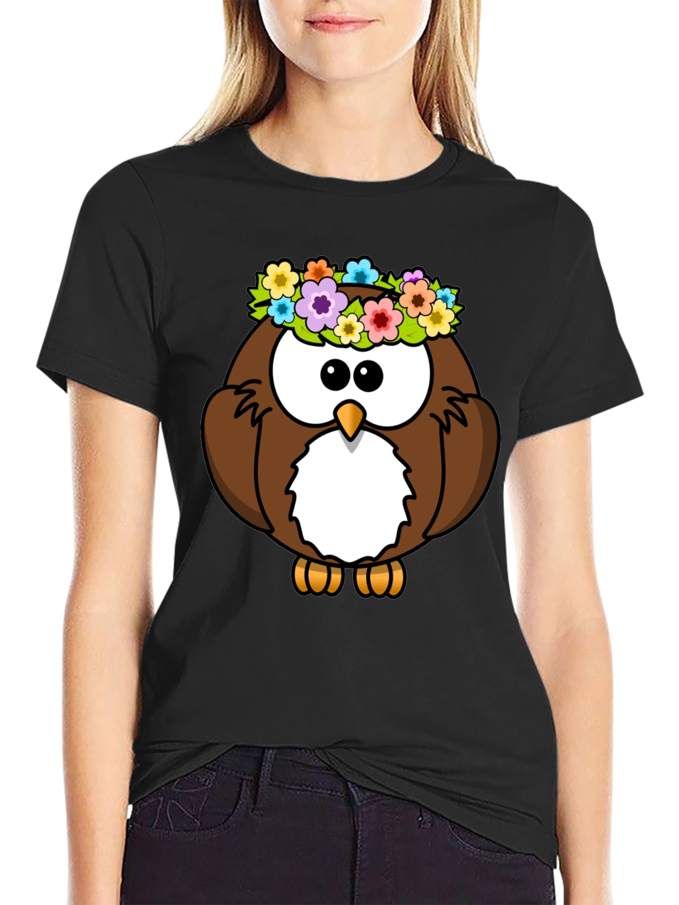 Black Cute Owl with Flowers Graphic Tee - Black Unisex T-Shirt view 2