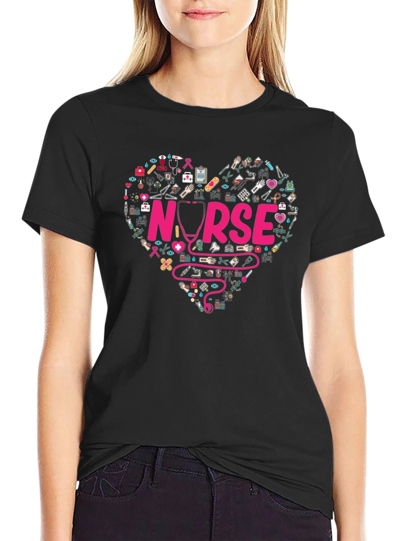 Black Nurse Heart Graphic T-Shirt - Medical Professional Apparel view 2