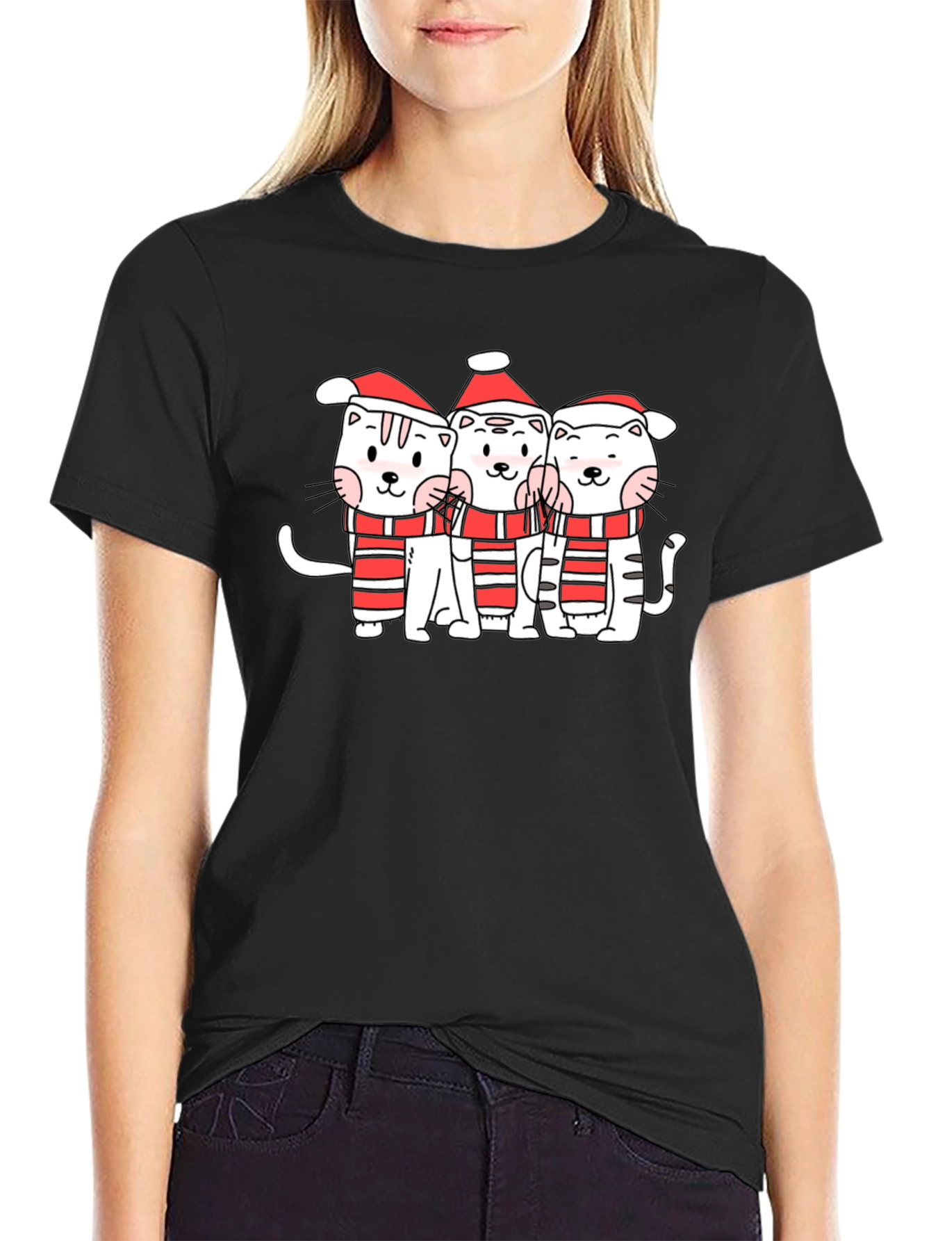 Black Festive Kitty Crew T-Shirt - Holiday Cheer view 2