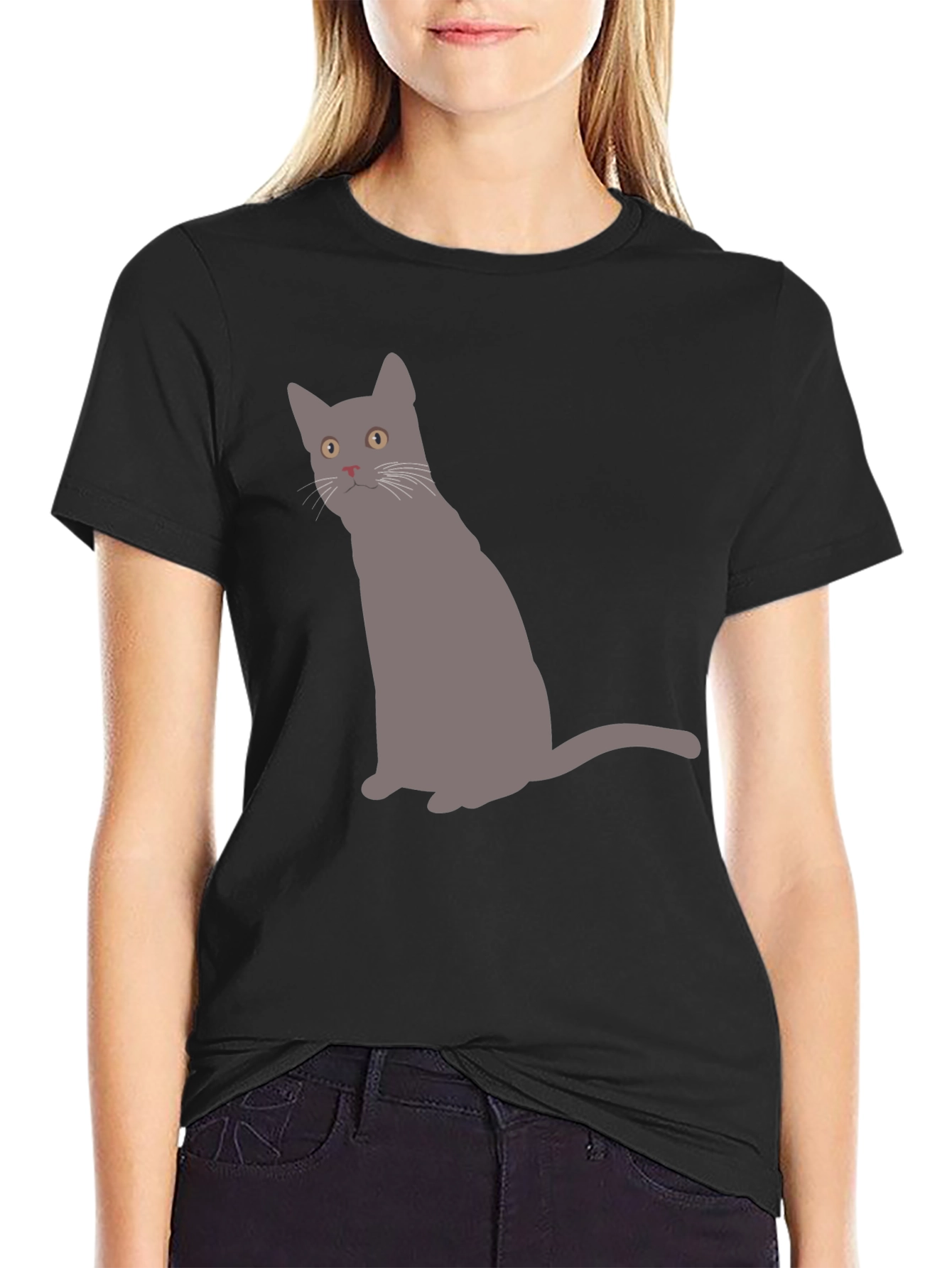 Black Gray Cat Graphic Black T-Shirt view 2