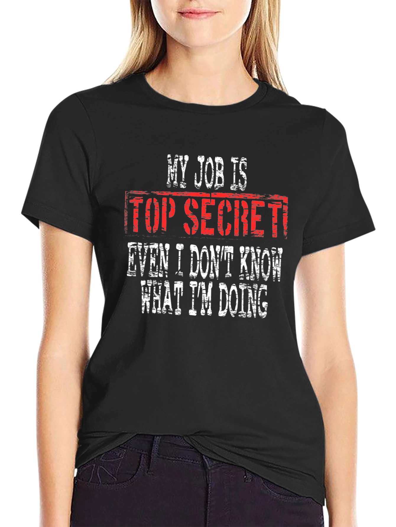 Black Top Secret Job Humor Graphic Tee view 2