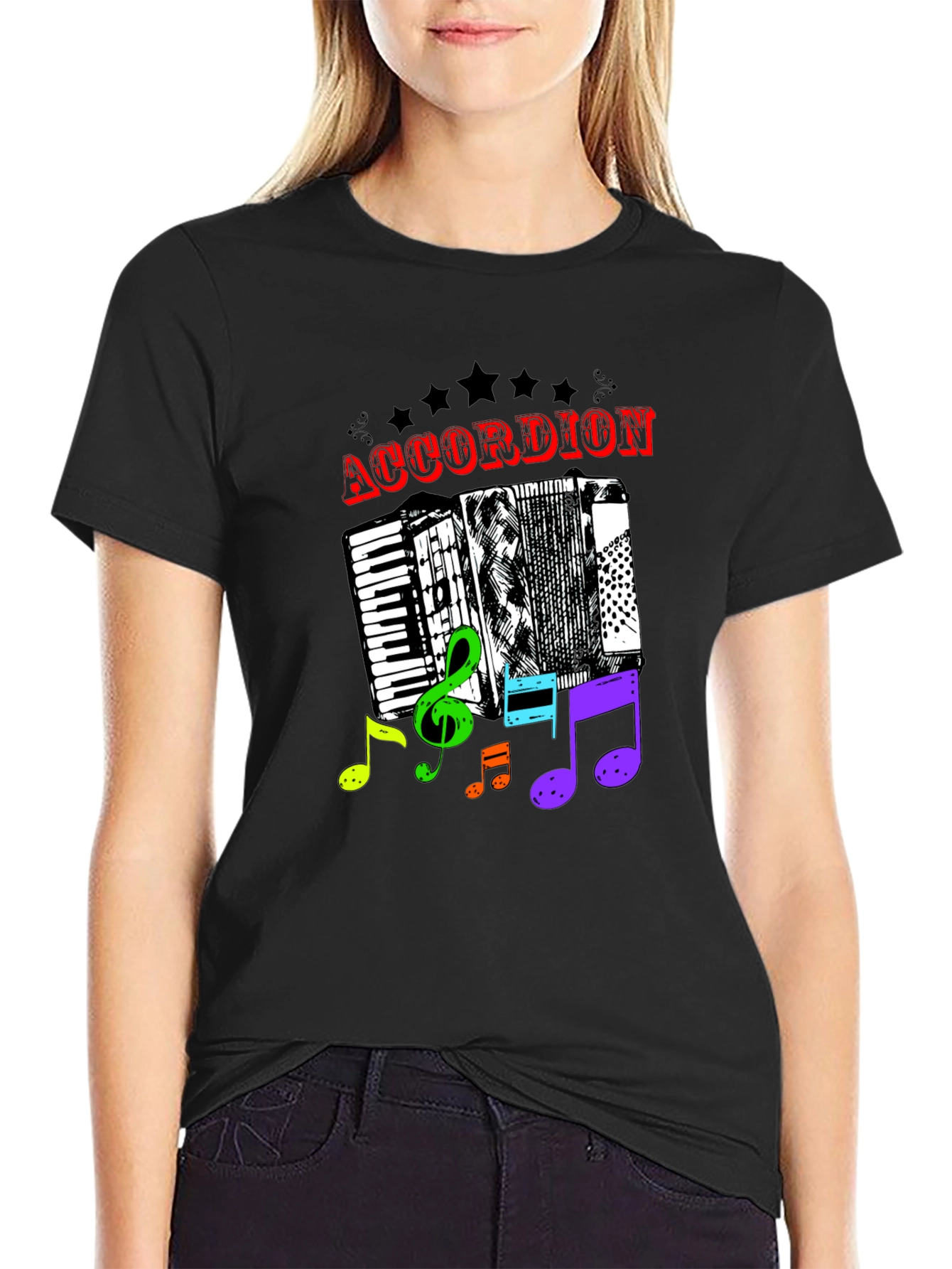 Black Accordion & Music Notes Graphic T-Shirt - Unisex view 2