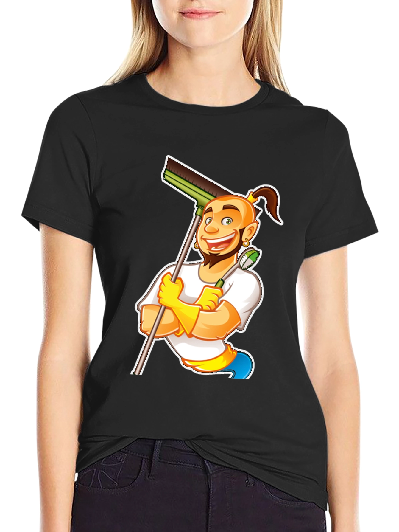 Black Funny Cleaning Cartoon T-Shirt view 2