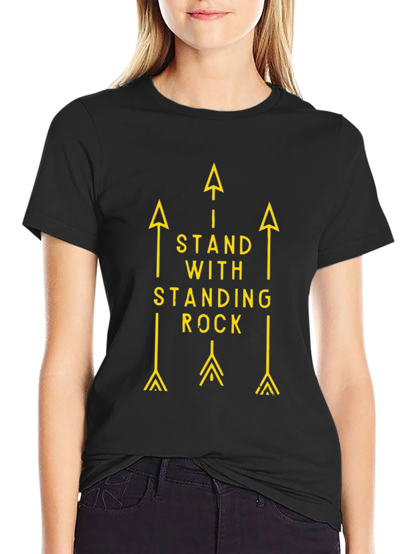 Black Stand with Standing Rock Tee - Black Cotton Arrow Graphic T-Shirt view 2