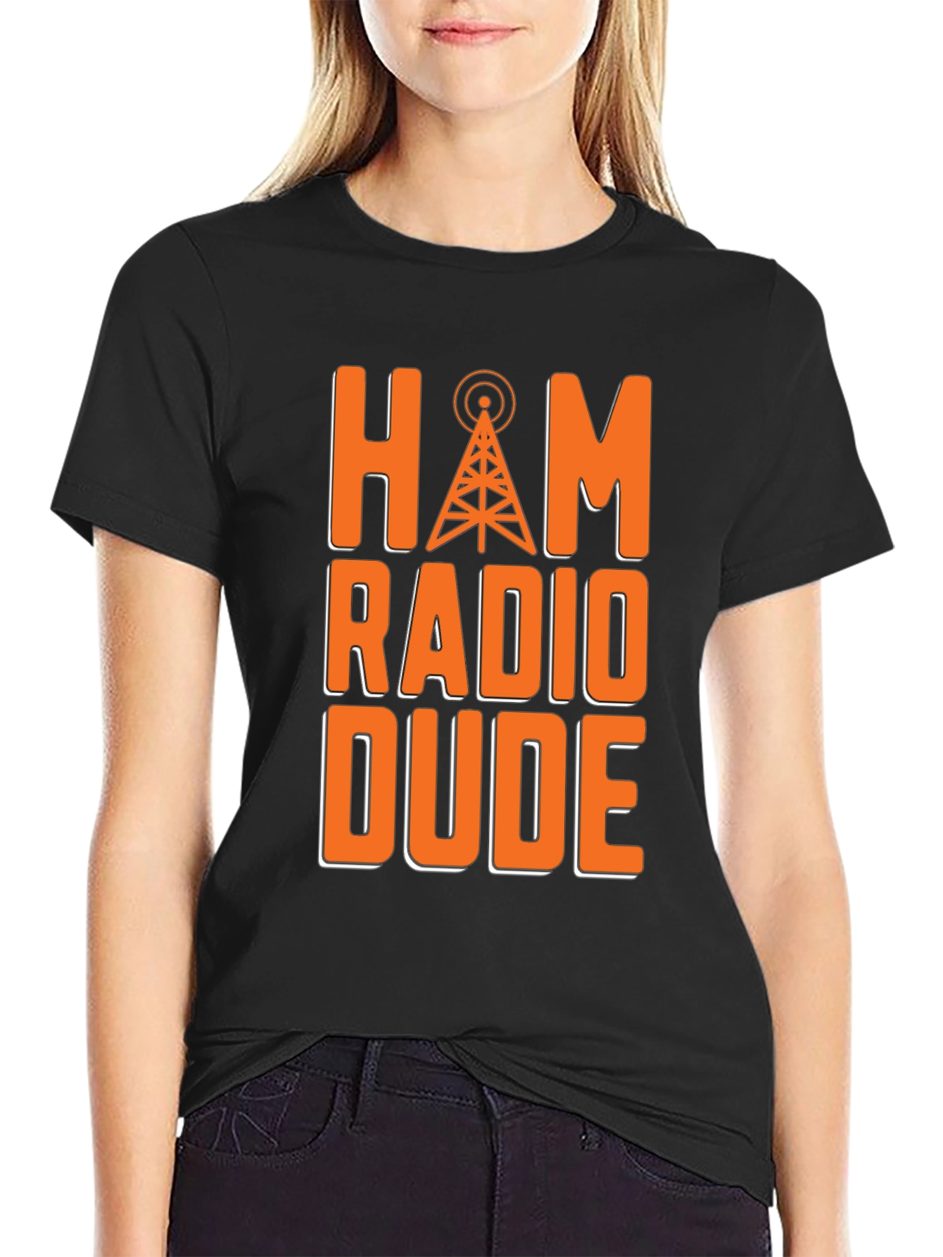 Black Ham Radio Dude T-Shirt - Orange Radio Tower Design view 2