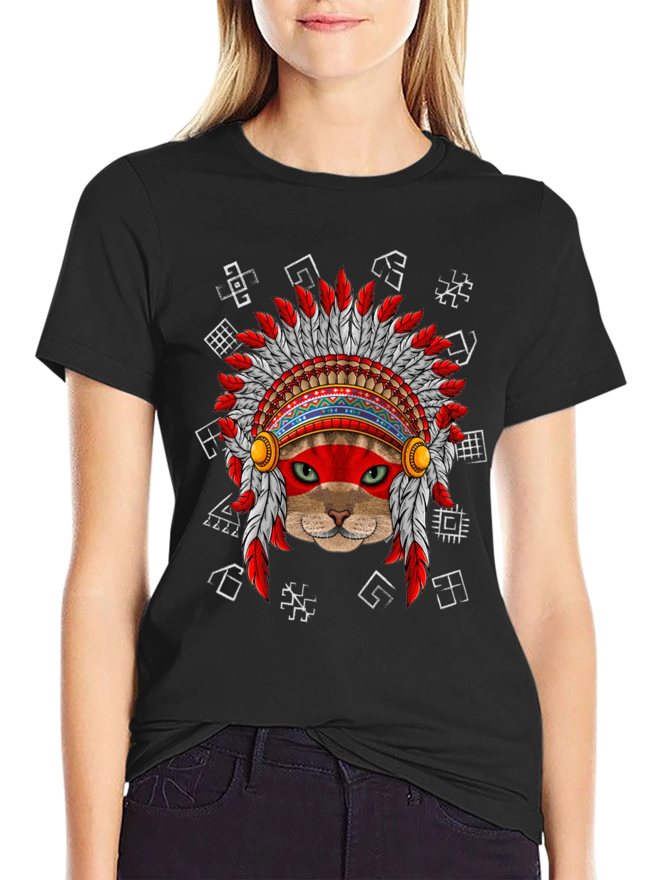 Black Native American Cat T-Shirt view 2