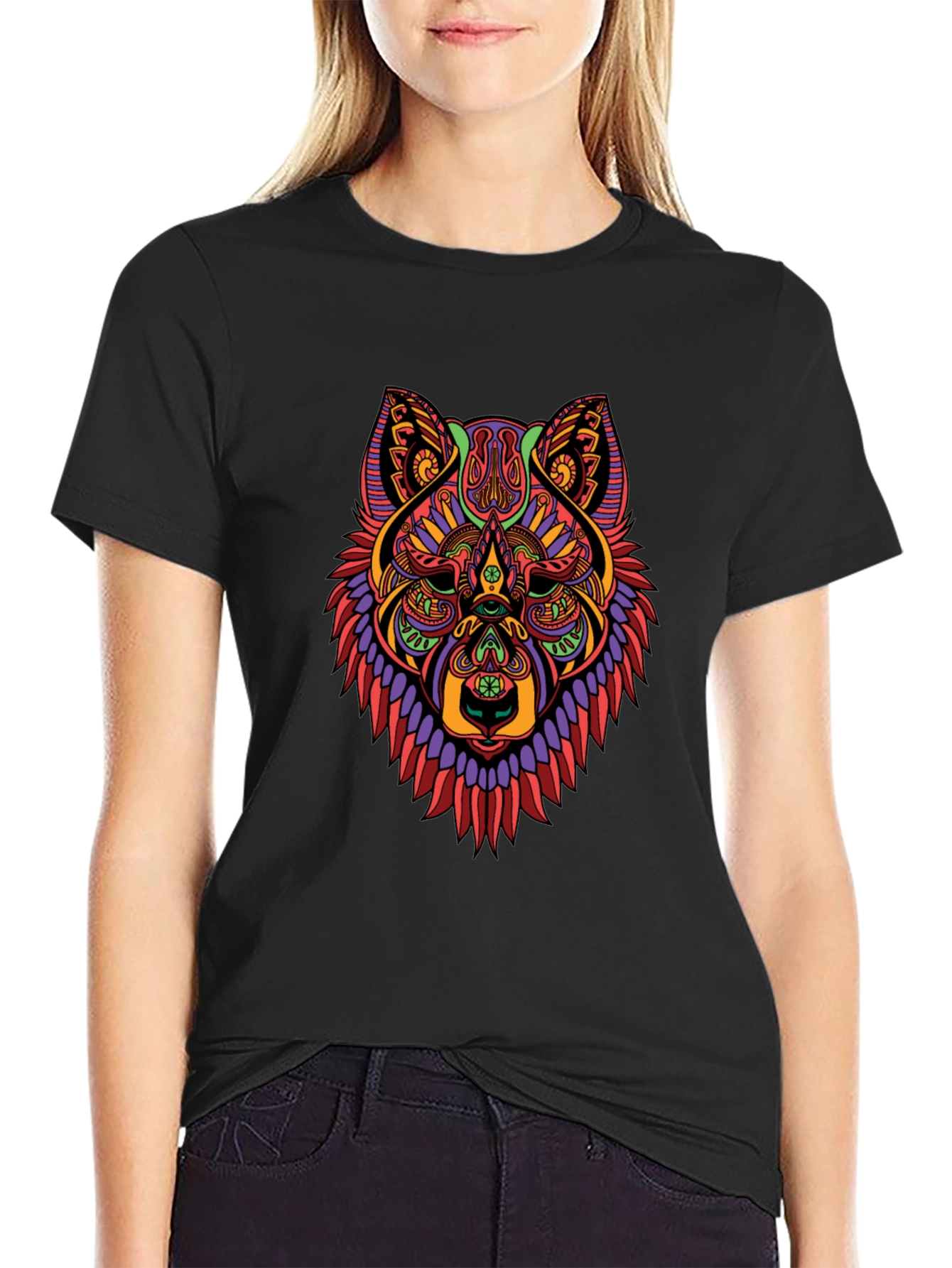 Black Abstract Wolf Head Graphic Black T-Shirt view 2