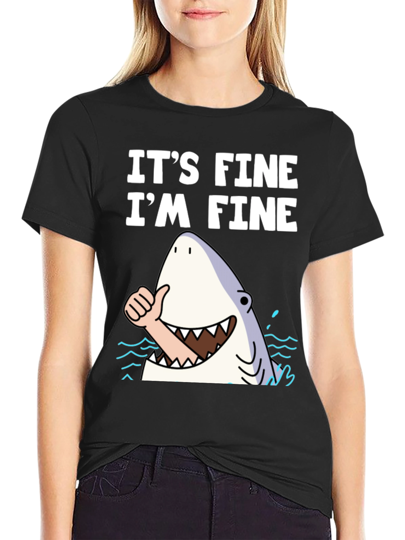 Black It's Fine I'm Fine Shark T-Shirt view 2