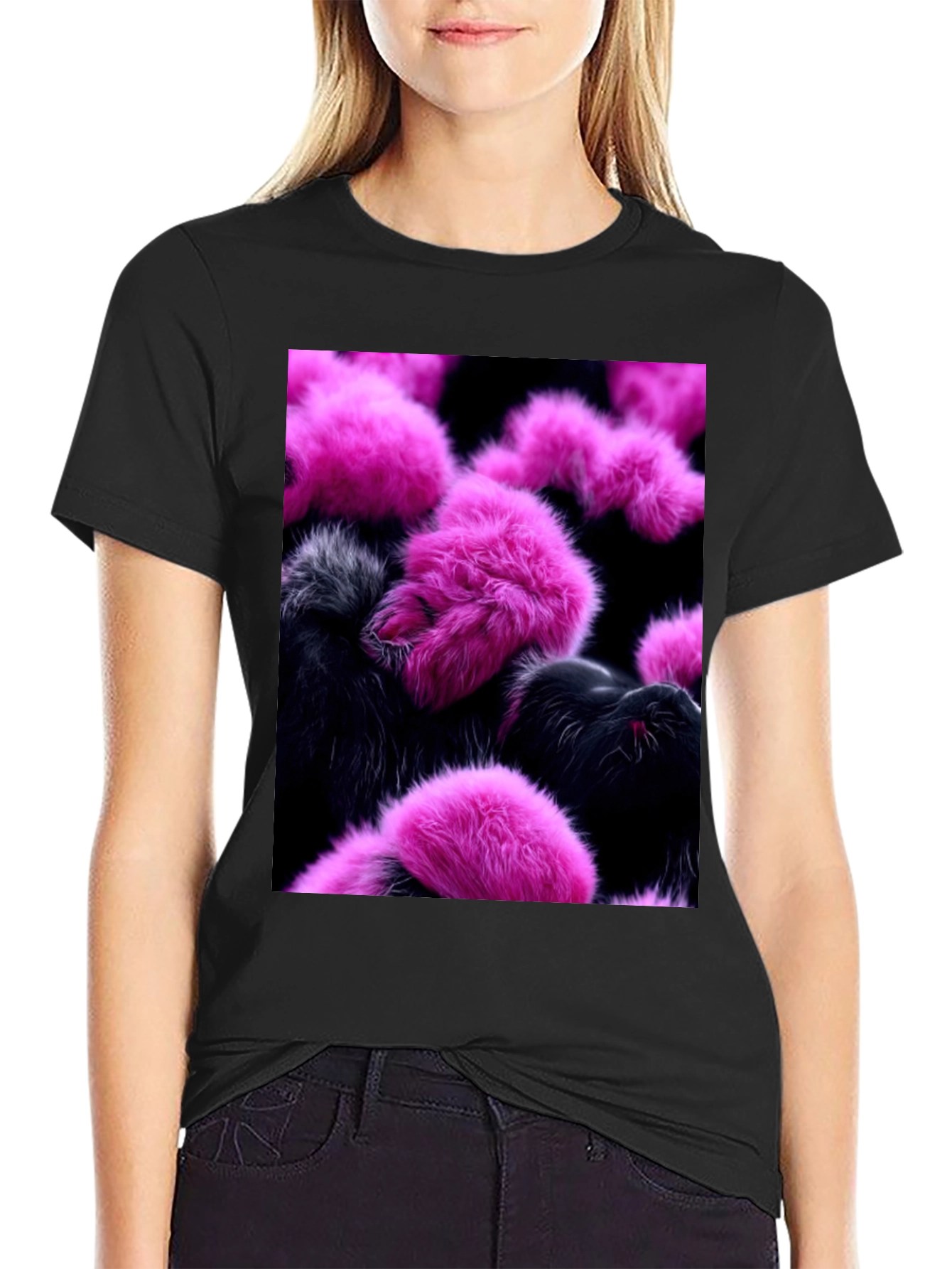 Black Fluffy Pink and Black T-Shirt view 2