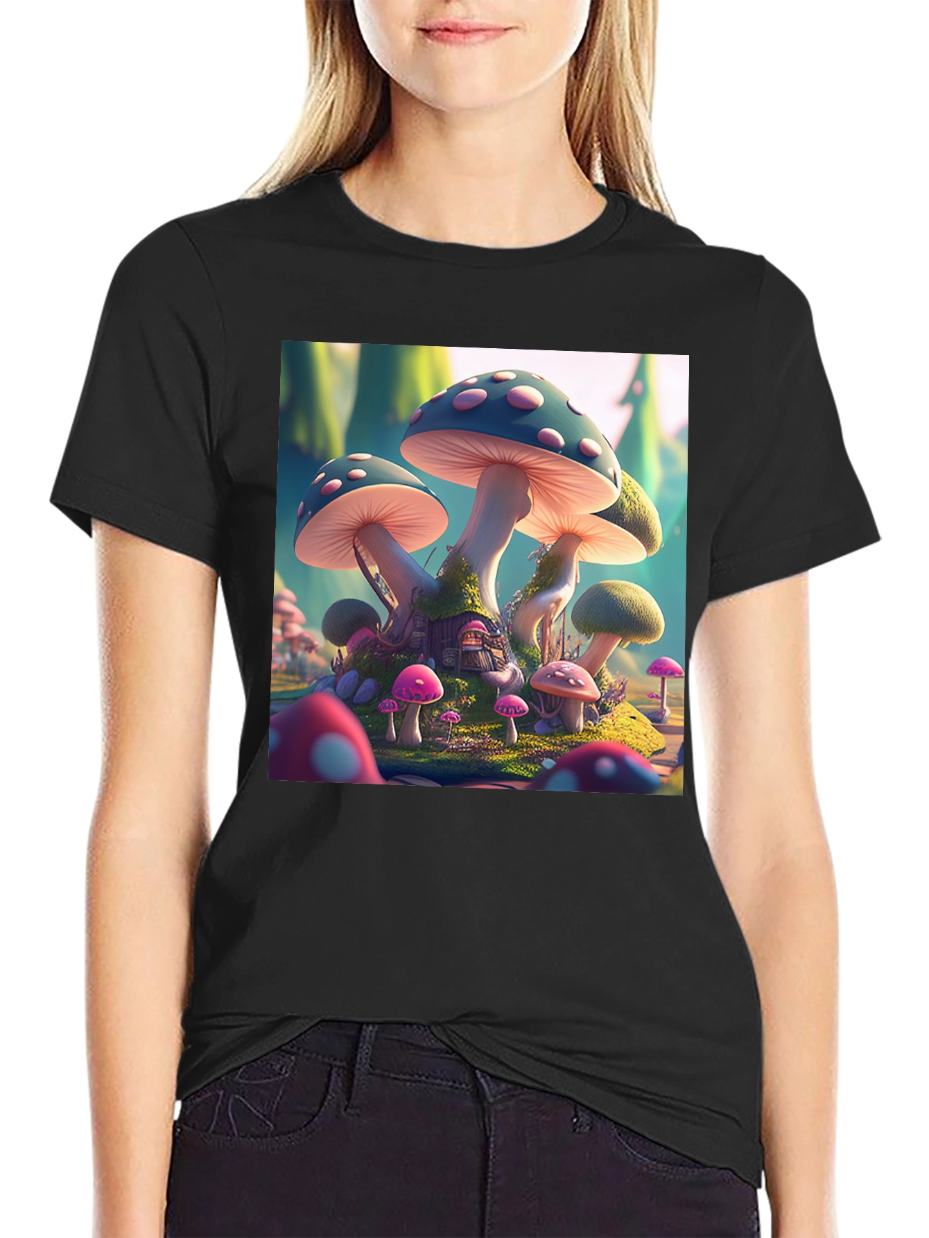 Black Magical Mushroom House T-Shirt view 2