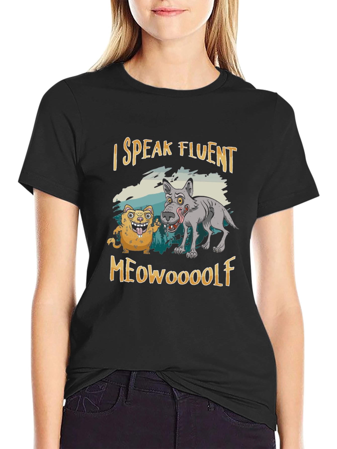 Black I Speak Fluent Meowooolf Funny Novelty T-Shirt view 2