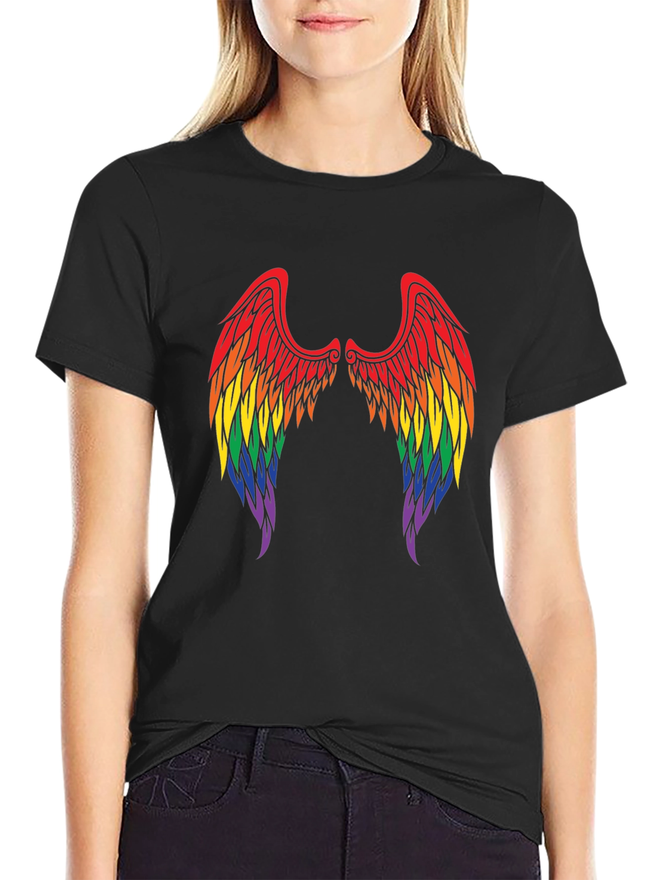 Black Rainbow Angel Wings T-Shirt - Pride Tee view 2