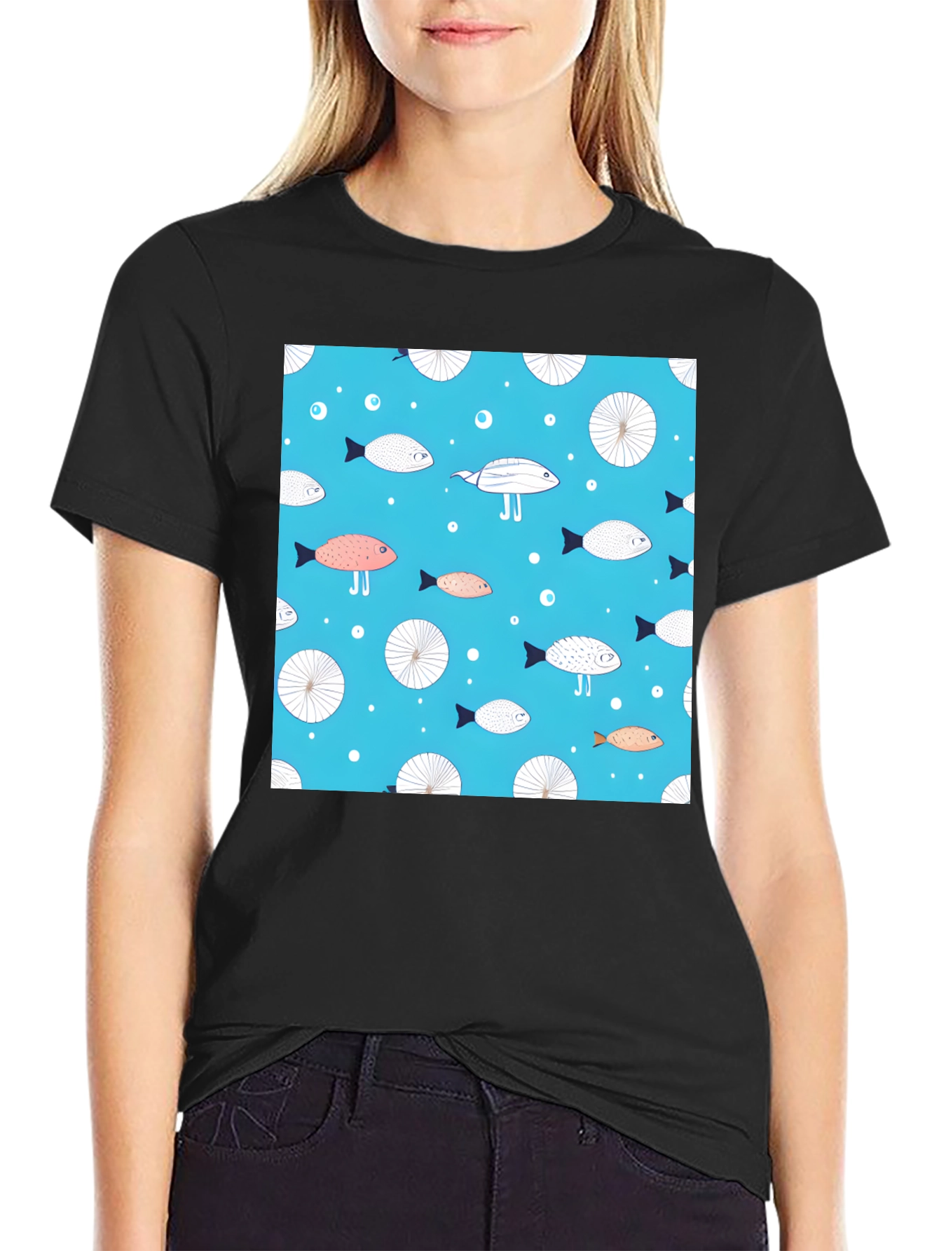 Black Fun Fish Pattern Tee - Unique Aquatic Design view 2