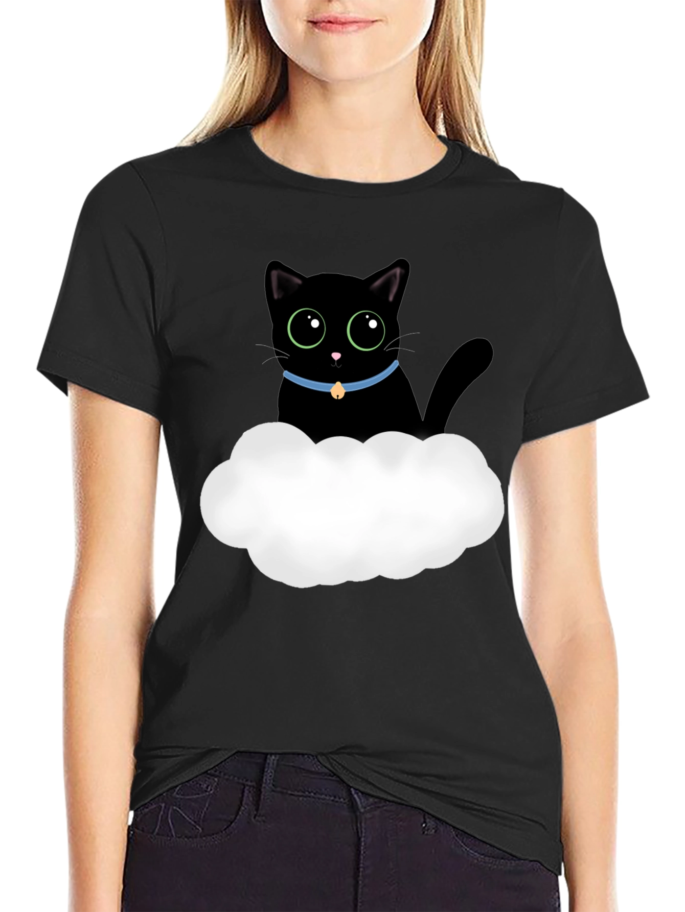 Black Cute Black Cat Cloud T-Shirt - Soft Cotton Tee view 2