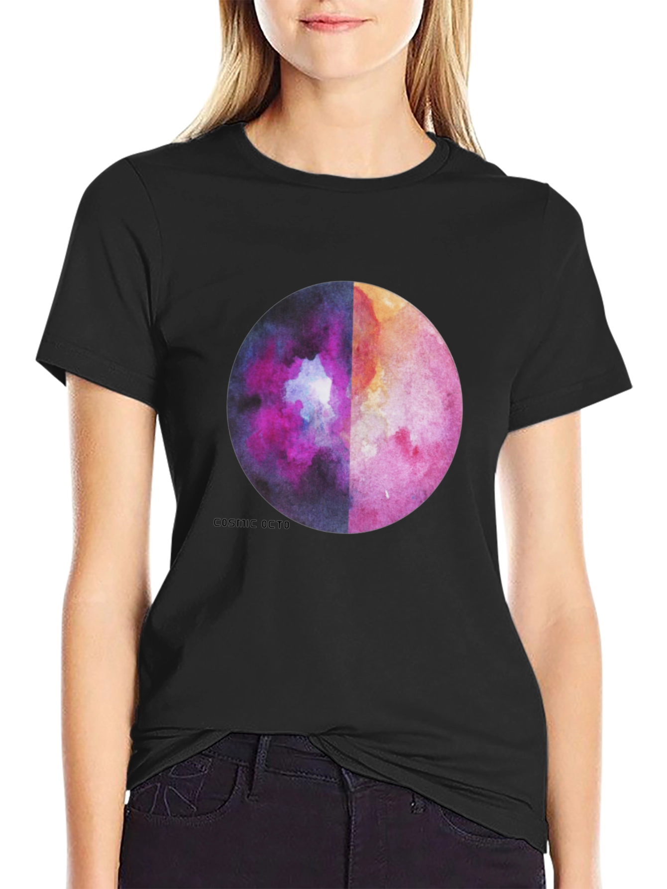 Black Cosmic Octo Moon Watercolor Graphic Tee view 2