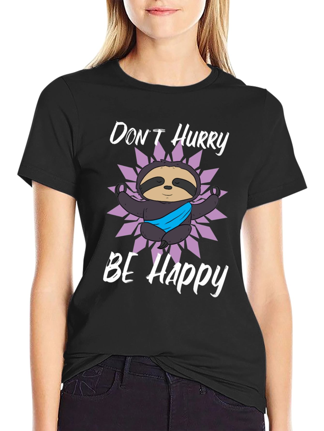 Black Don't Hurry Be Happy Sloth Graphic T-Shirt view 2