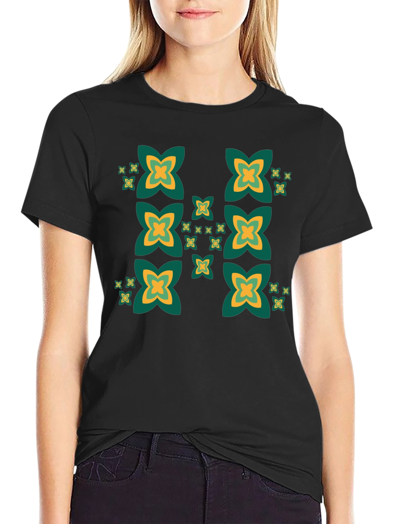 Black Black Tee with Geometric Clover Pattern view 2