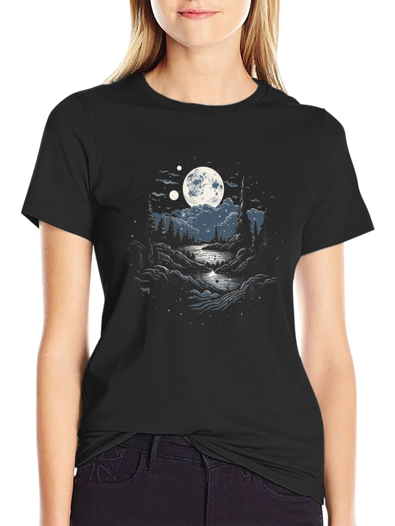 Black Moonlit River Graphic Tee - Nature Inspired T-Shirt view 2