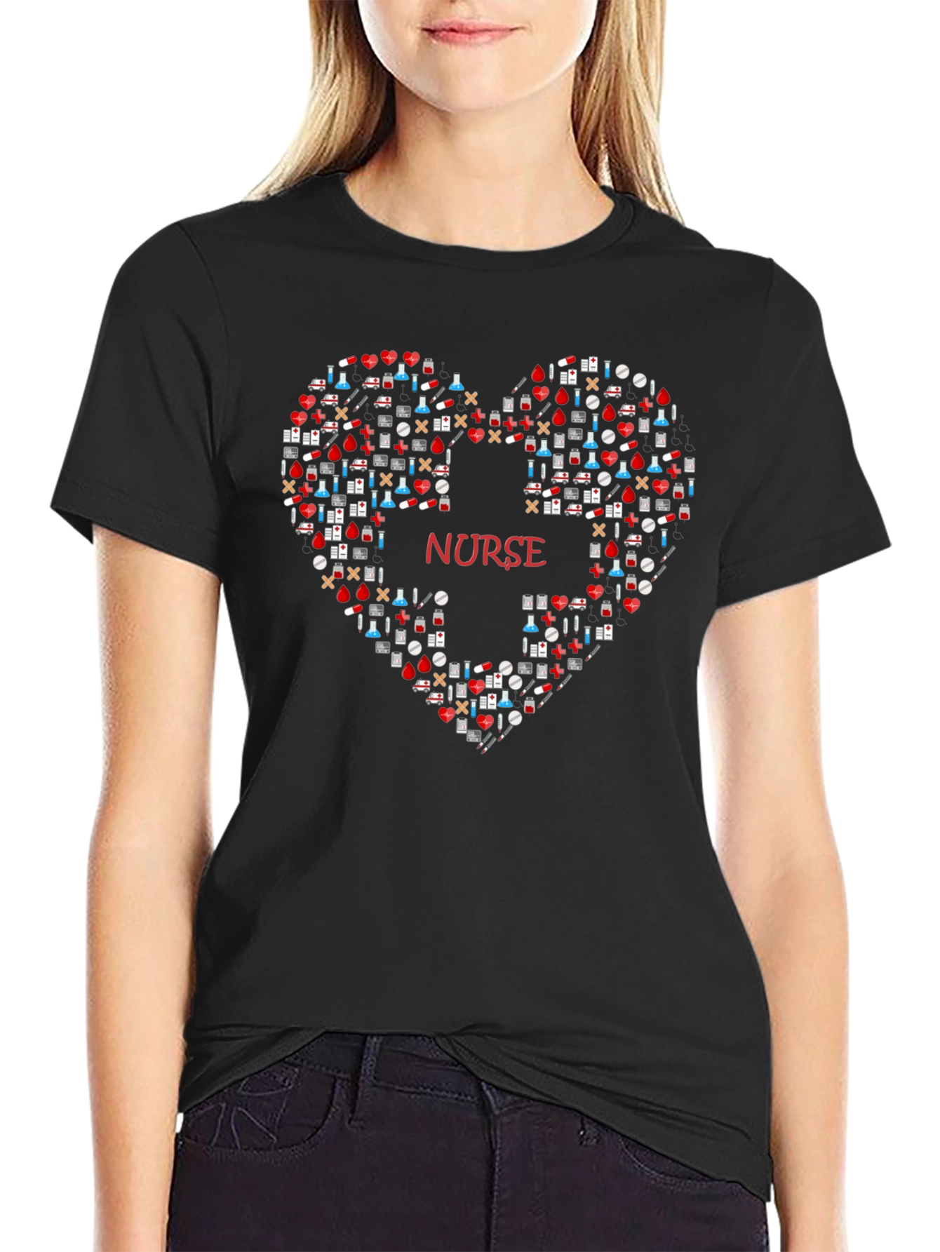 Black Nurse Heart Graphic T-Shirt - Medical Appreciation Tee view 2