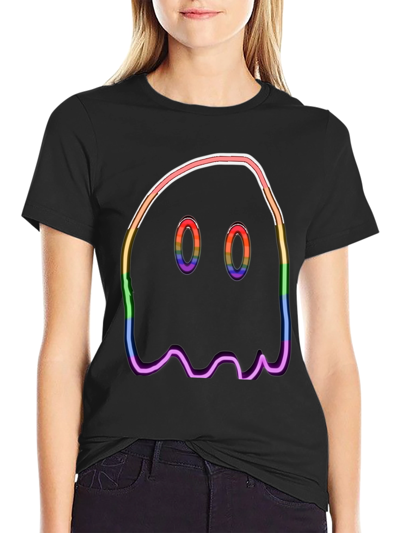 Black Rainbow Ghost Graphic Tee - Halloween Spooky Shirt view 2