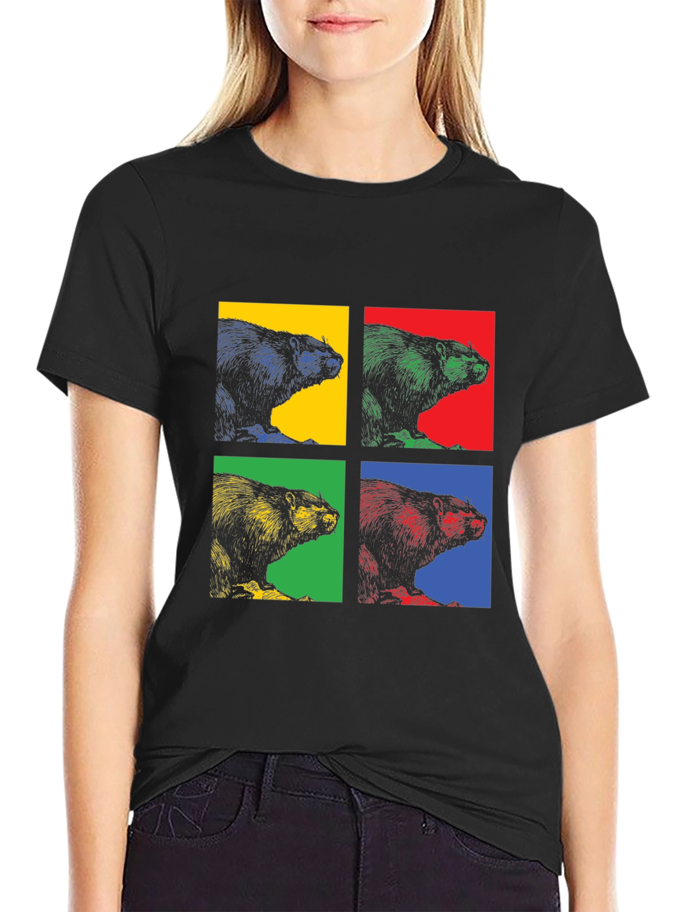Black Retro Beaver Pop Art Graphic Tee - Black Cotton T-Shirt view 2