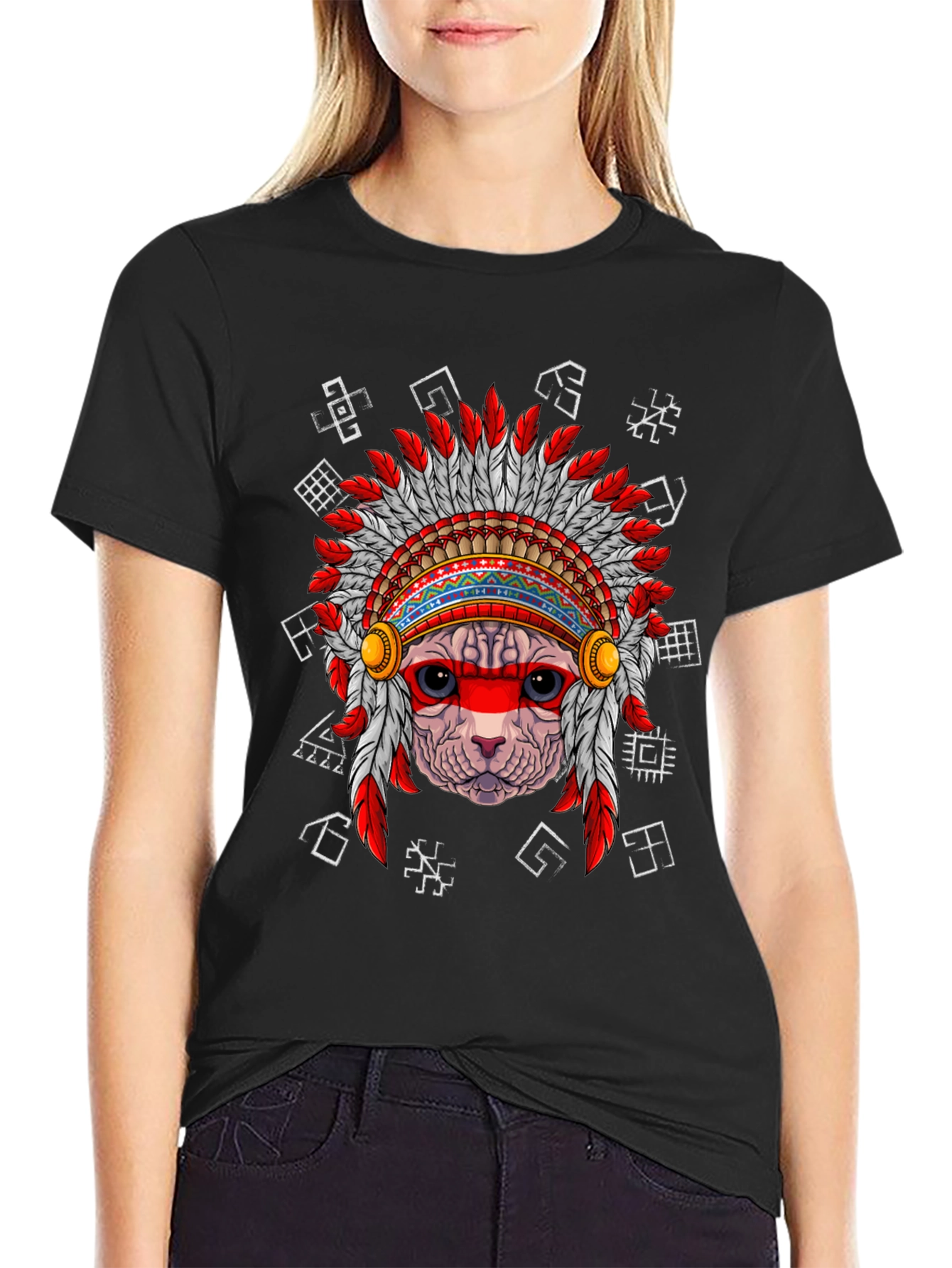 Black Native American Cat T-Shirt, Unique Graphic Tee view 2