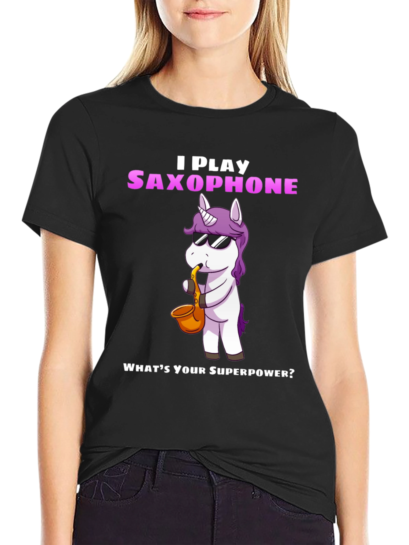 Black Saxophone Playing Unicorn Graphic Tee view 2