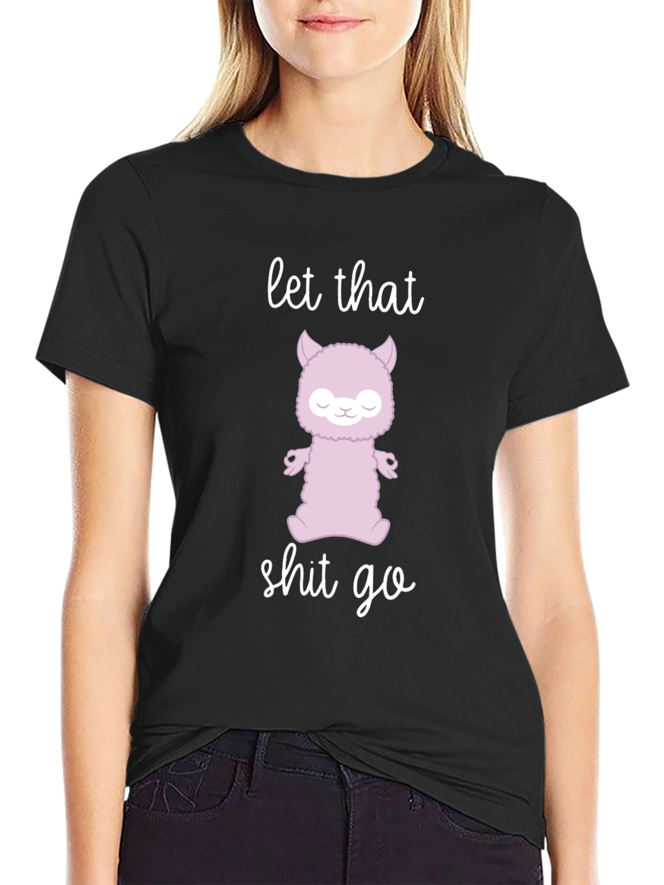 Black Zen Alpaca Meditation T-Shirt - Let That Go view 2