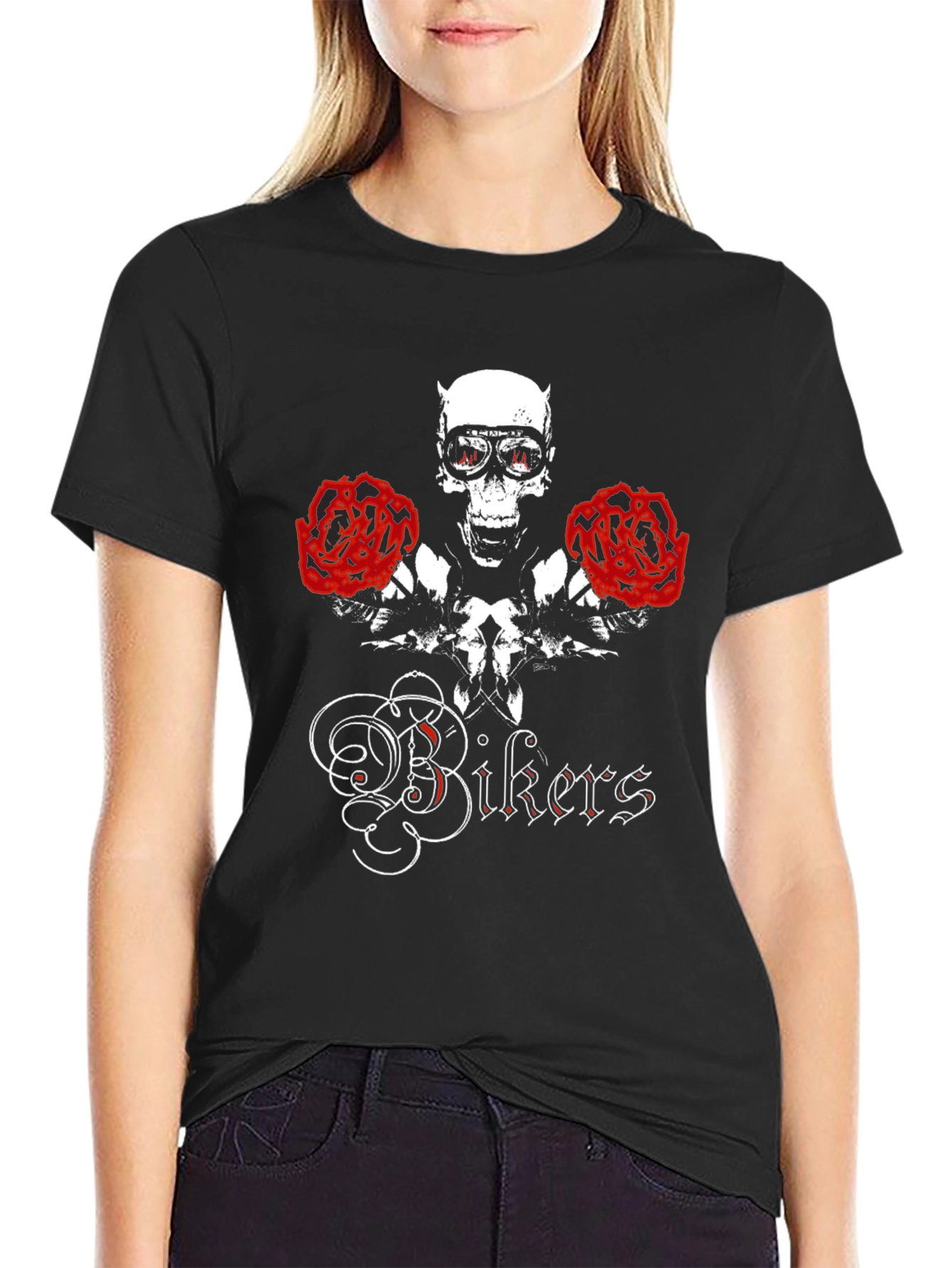 Black Skull & Roses "Bikers" Graphic T-Shirt view 2