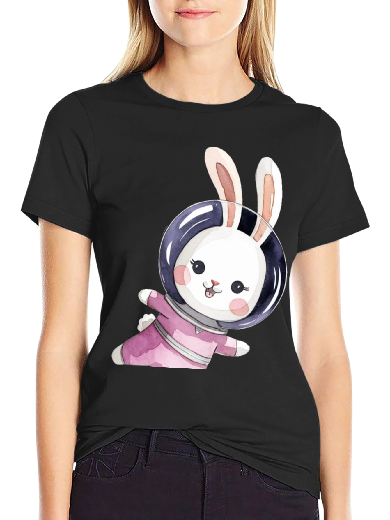 Black Cute Bunny Astronaut Black T-Shirt view 2